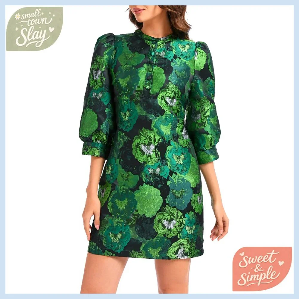 Floral Jacquard Shift Dress Long Puff Sleeve Button Up Cocktail Mini - Picture 1 of 7